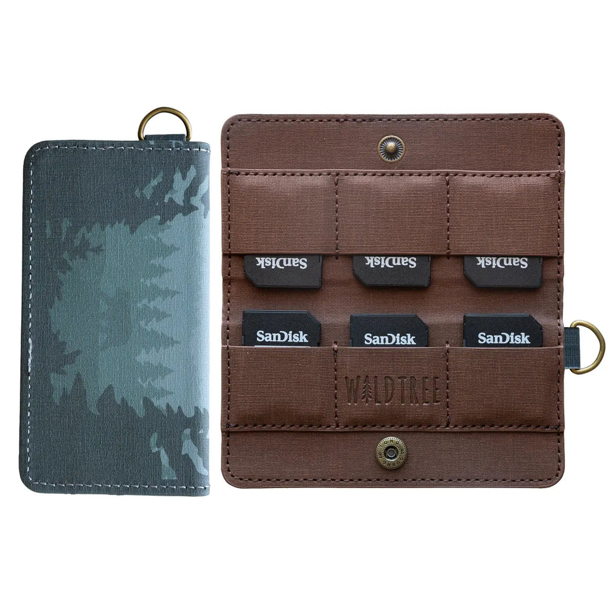 Forager Provisions LTD Wildtree Forest Friend card holder showing exterior forest print and interior SD card slots.