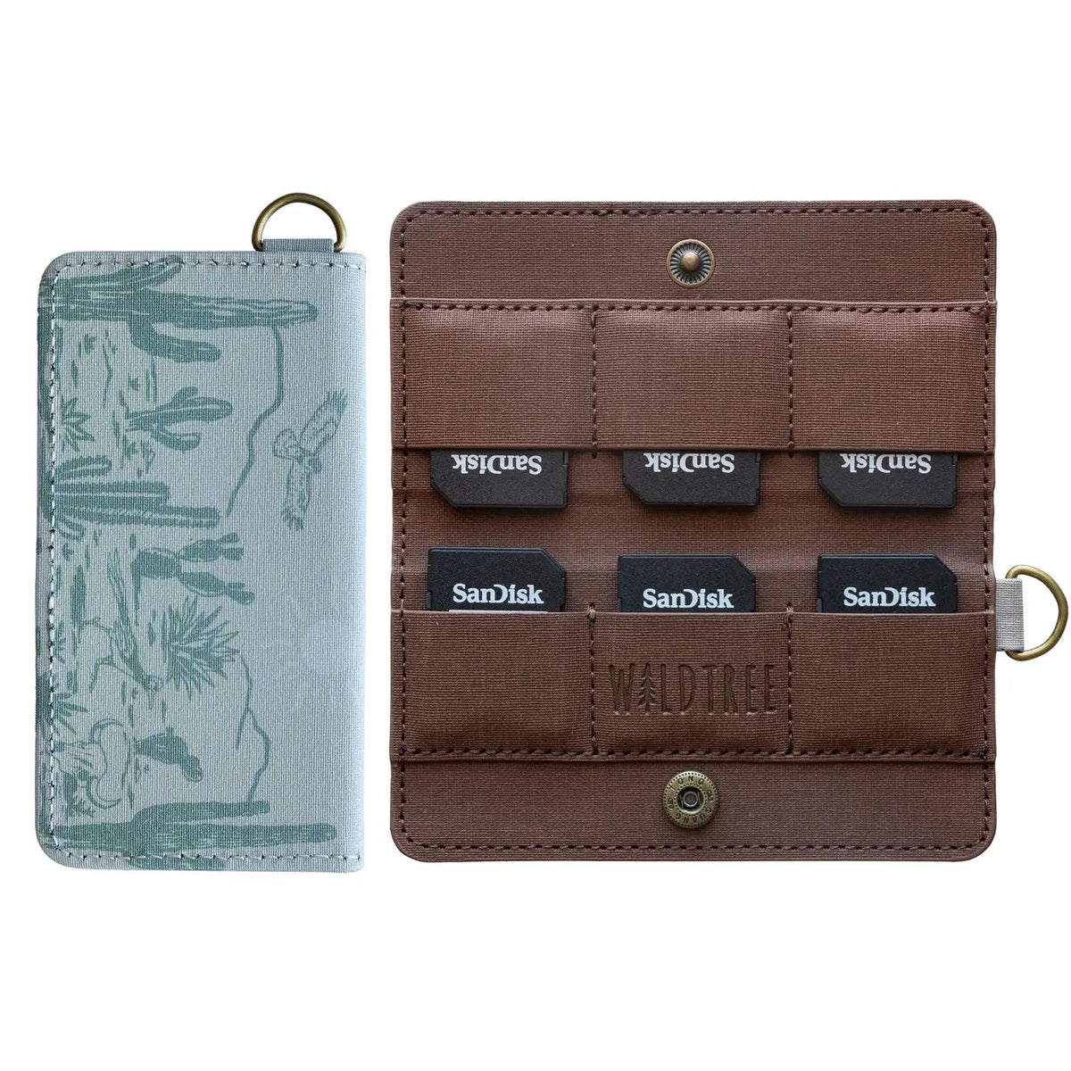 Forager Provisions LTD Wildtree card holder with western landscape print, brown interior, and SD card slots.