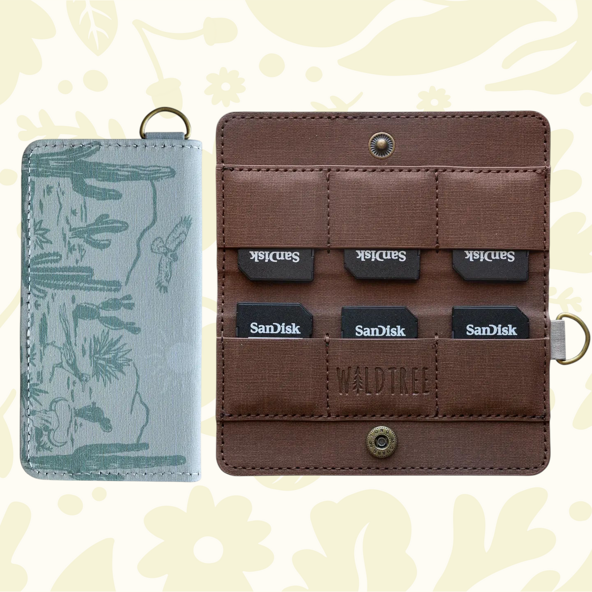 Forager Provisions LTD Wildtree card holder with western landscape print, brown interior, and SD card slots.