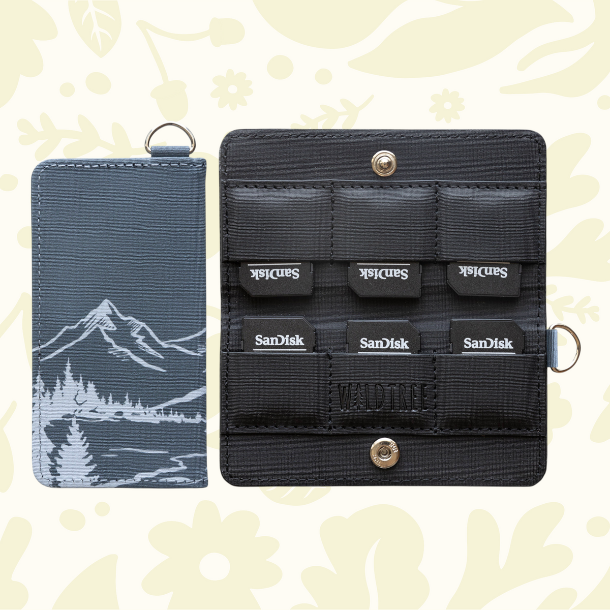 Forager Provisions LTD Wildtree Wilderness card holder with mountain landscape print, holding six SD cards.