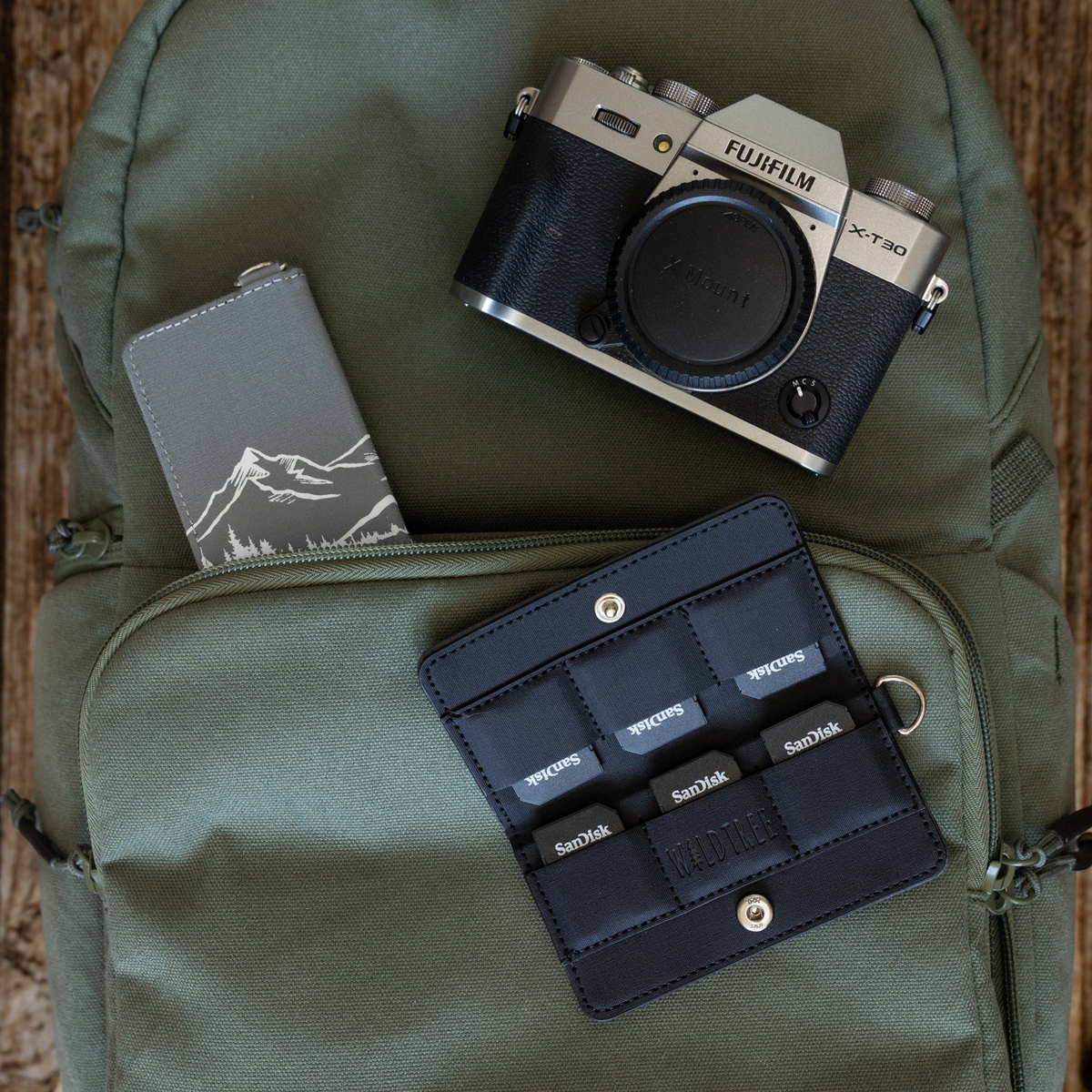 Forager Provisions LTD Wildtree Wilderness card holder with mountain print, open and closed on a green backpack with camera