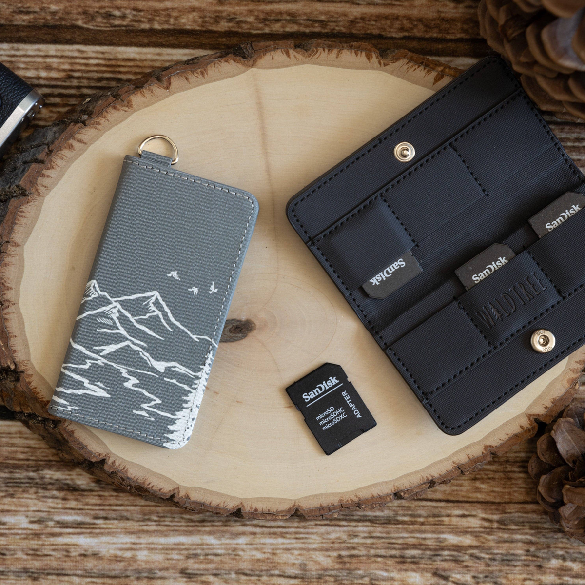 Forager Provisions LTD Wildtree Wilderness card holder with mountain landscape print, open to show SD card slots.