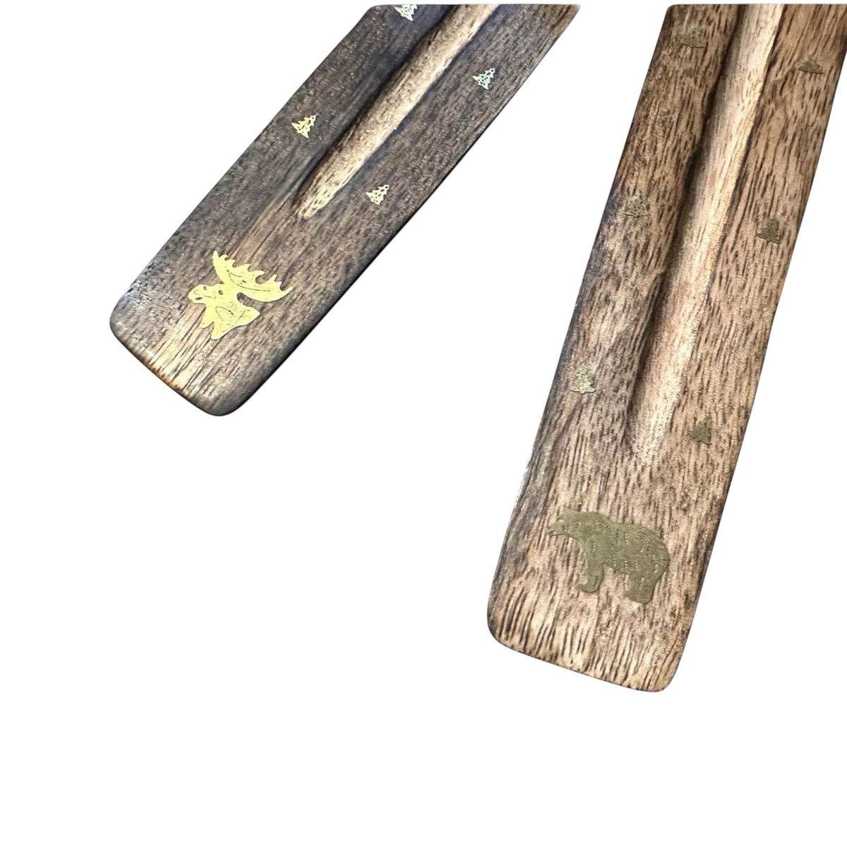 Forager Provisions LTD PAINES wood incense ash catchers with carved moose and bear wildlife silhouettes.