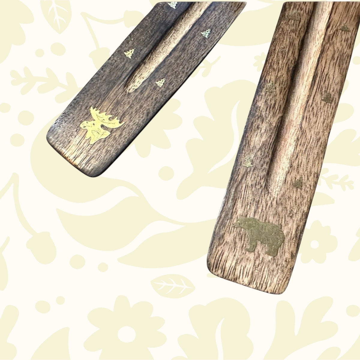 Forager Provisions LTD PAINES wood incense ash catchers featuring rustic bear and moose wildlife silhouettes.