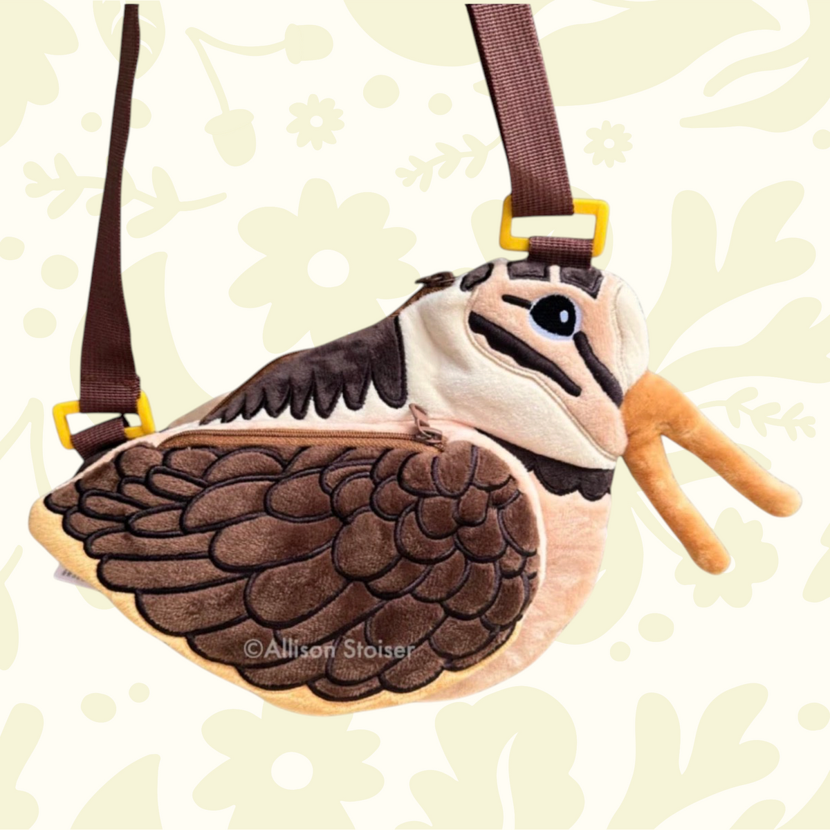 Forager Provisions LTD American Woodcock plush crossbody bag in soft minky fabric with brown strap and yellow hardware.