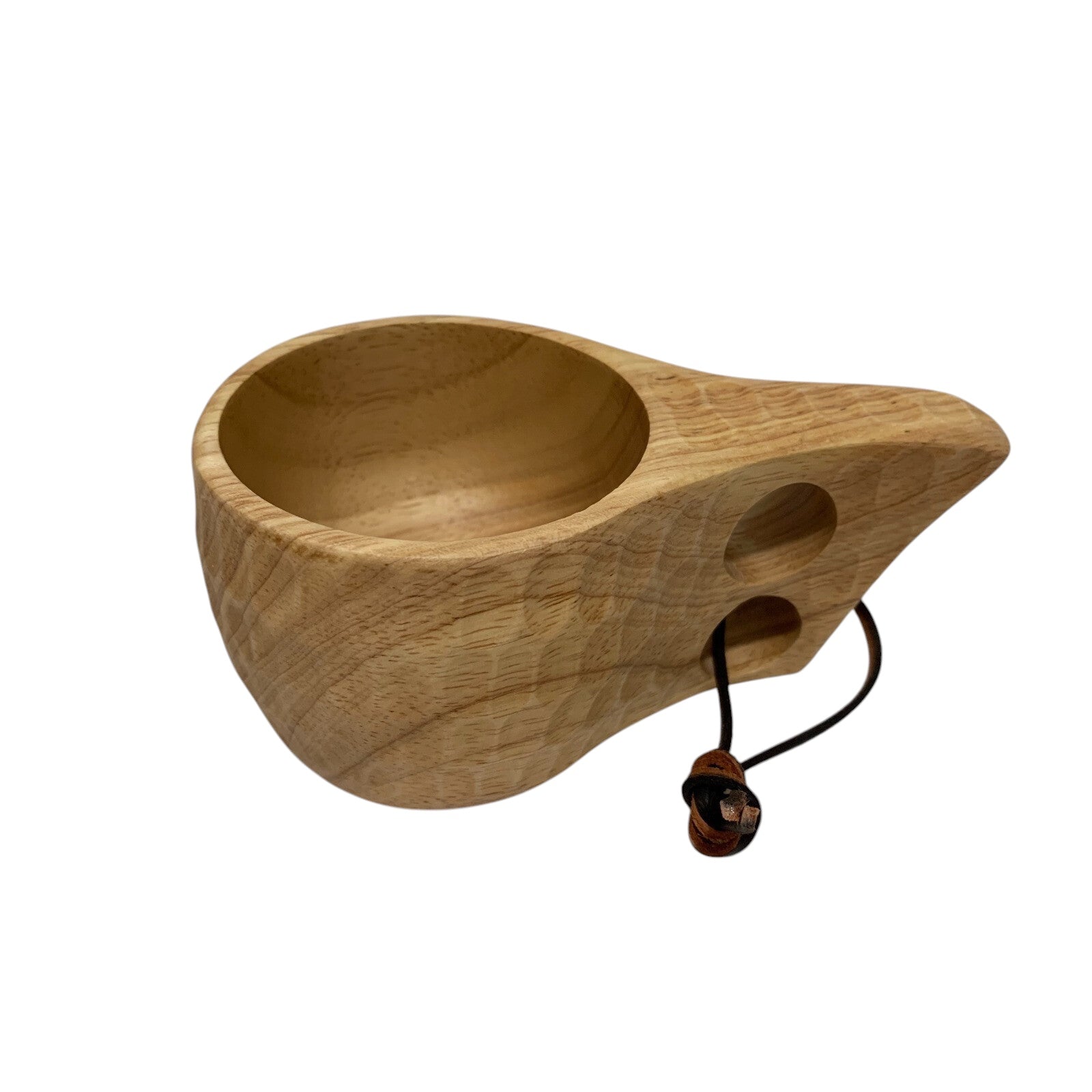 Forager Provisions LTD wooden kuksa camping cup with a carved texture and two-finger handle with a leather lanyard