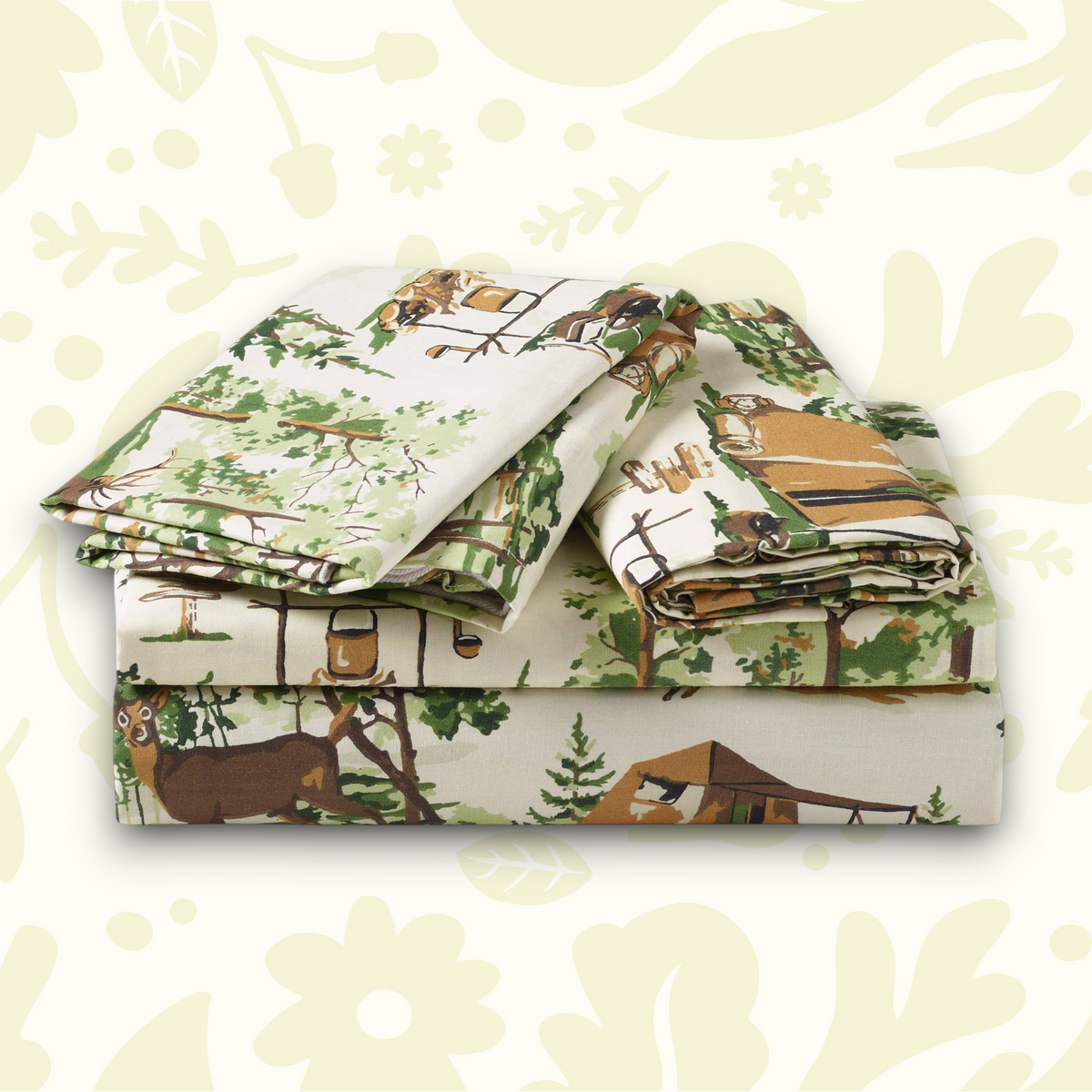 Forager Provisions LTD Peking Handicraft x Camp Wandawega cotton percale sheet set with woodland and camping print.