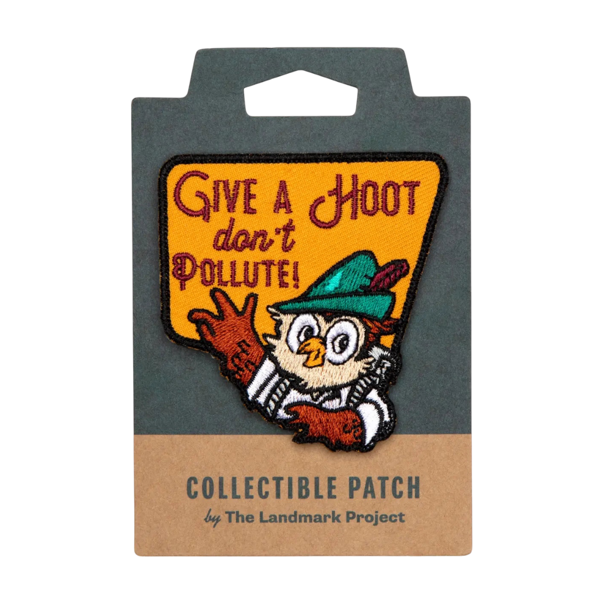 Forager Provisions LTD Woodsy Owl embroidered patch featuring the Give a Hoot Don't Pollute slogan on a display card.