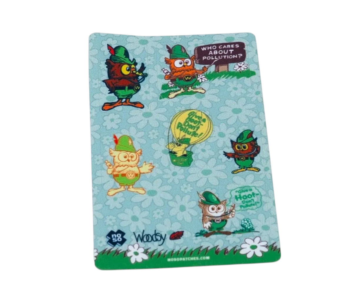 Forager Provisions LTD Woodsy Owl Dazzits NoSo repair patch sheet with colourful cartoon owl stickers on light blue