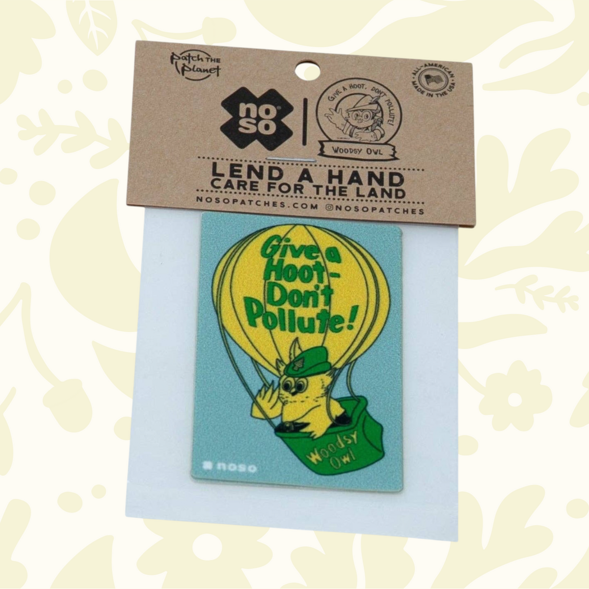 Forager Provisions LTD Balloon Woodsy Owl x NoSo peel-and-stick repair patch for outdoor gear on backing card.