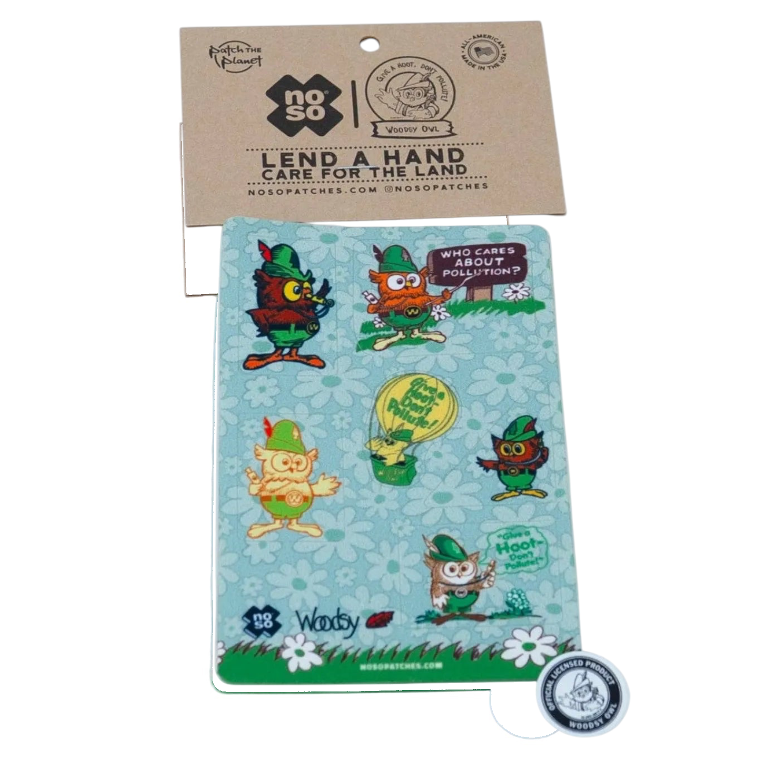 Forager Provisions LTD Woodsy Owl Dazzits NoSo repair patch sheet with colourful cartoon owl stickers for outdoor gear