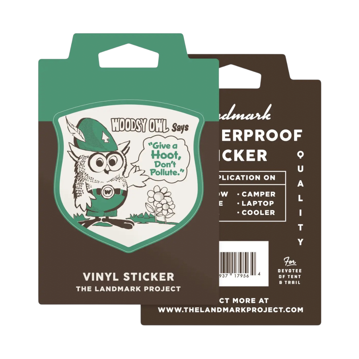 Forager Provisions LTD Woodsy Owl vinyl sticker featuring vintage mascot artwork on a green and brown backing card.