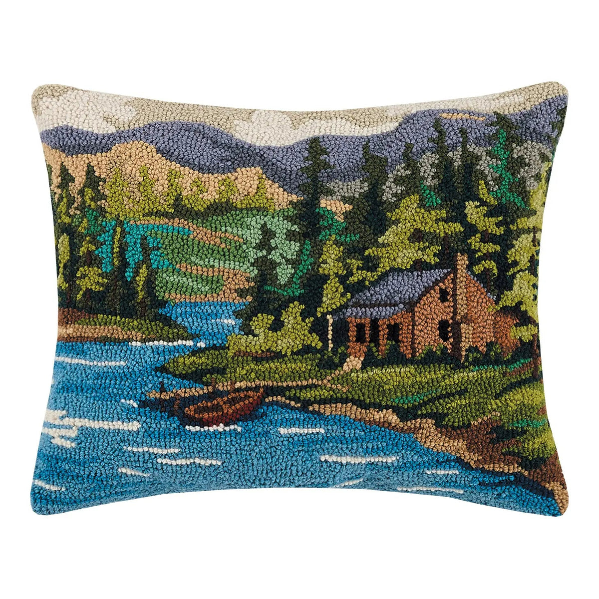 Forager Provisions LTD Peking Handicraft wool hooked throw pillow featuring a scenic lake cabin landscape design.