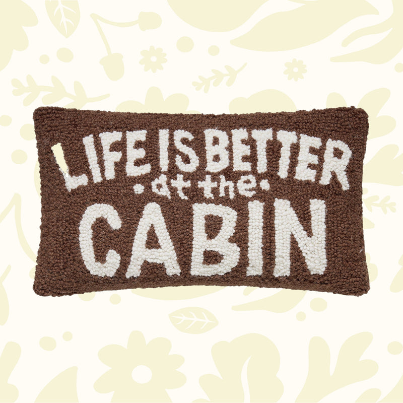 Forager Provisions LTD Life Is Better At The Cabin wool hooked throw pillow in brown and white with velvet back