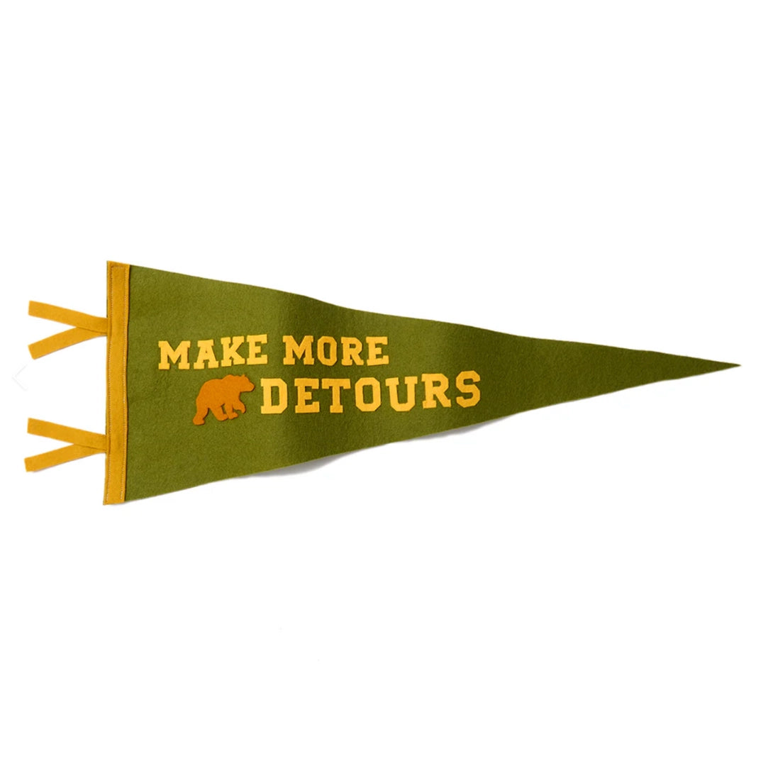 Forager Provisions LTD wool felt pennant in olive green with yellow Make More Detours text and a bear graphic.