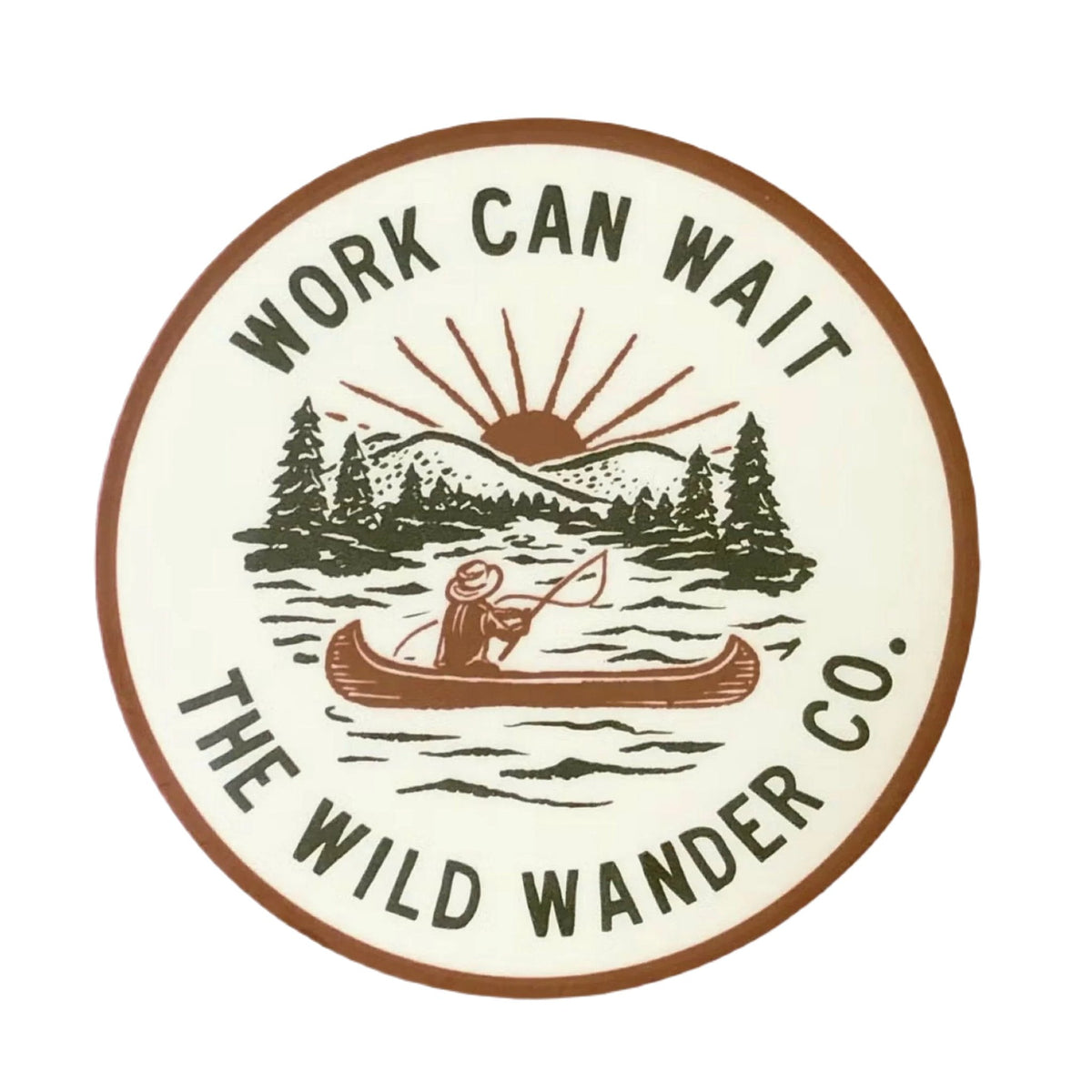 Forager Provisions LTD round vinyl sticker featuring a canoeist on a lake with mountains and the text Work Can Wait