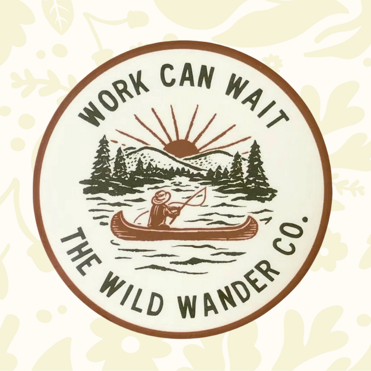 Forager Provisions LTD round vinyl sticker featuring a person fishing in a canoe with a mountain and sunset design.