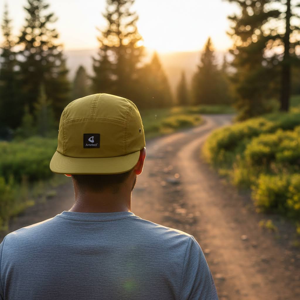 Person wearing a yellow Artefact Eco 5-panel cap on a dirt path at sunset, sold by Forager Provisions LTD.