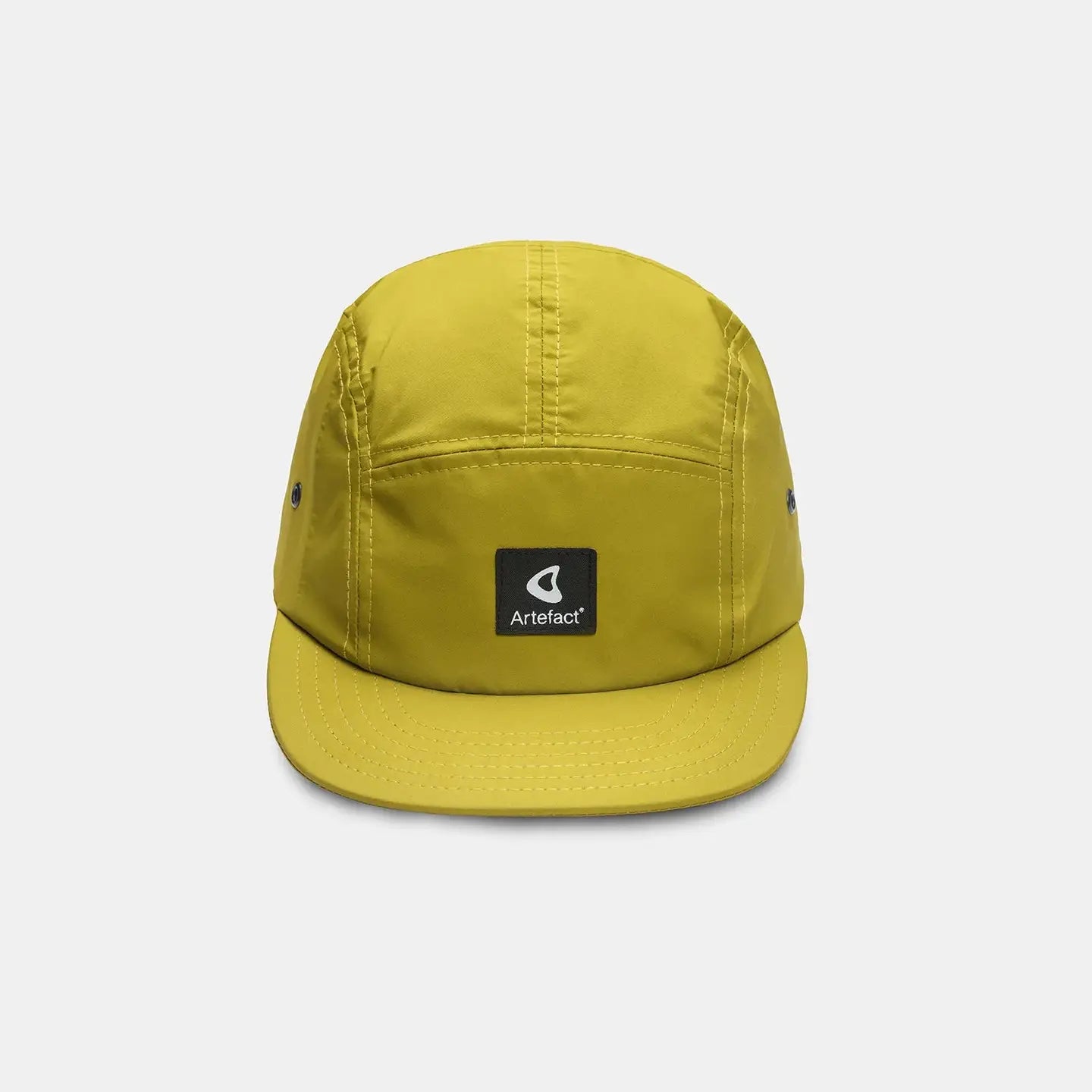Forager Provisions LTD Artefact Eco yellow 5-panel cap made from upcycled technical fabric with a front logo patch