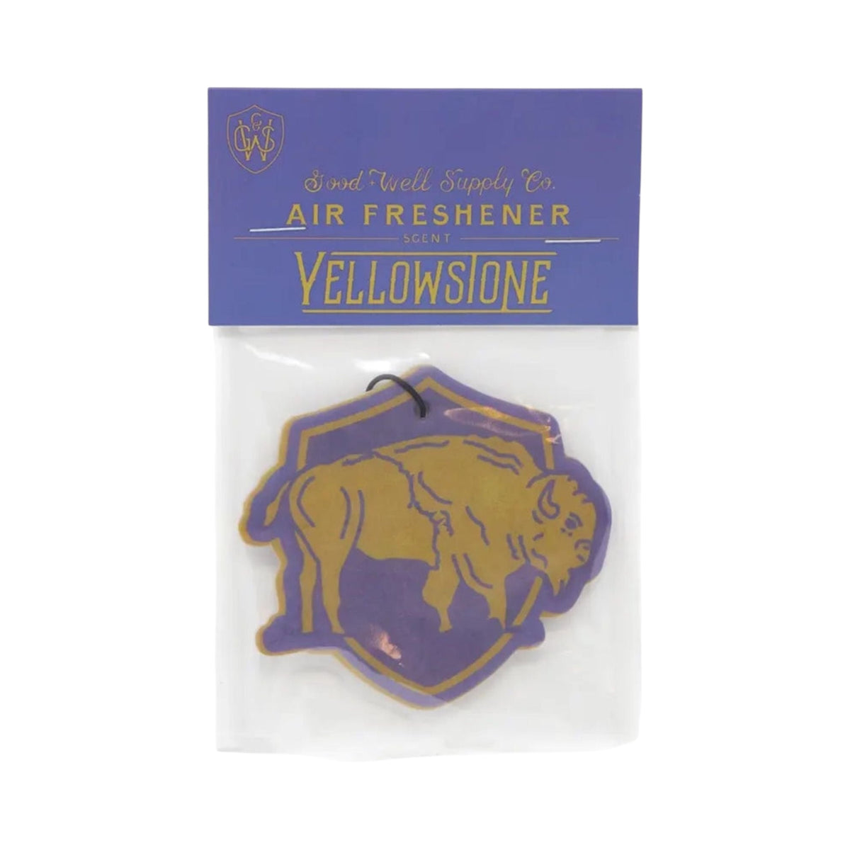 Forager Provisions LTD Yellowstone hangable air freshener featuring a gold bison graphic on a purple shield background.