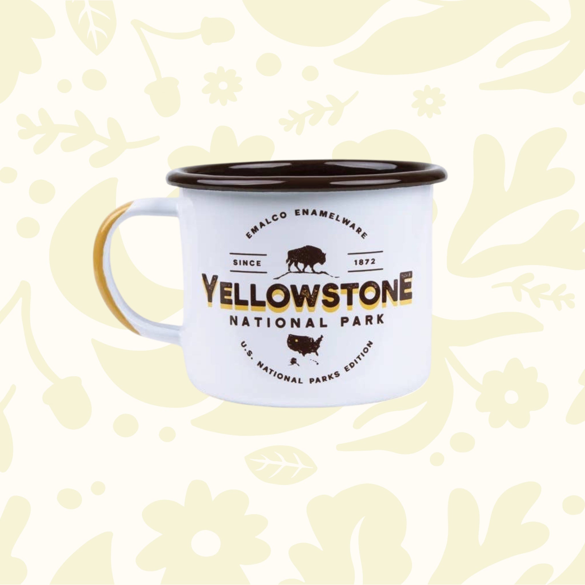 Forager Provisions LTD Emalco Enamelware 22 oz Yellowstone National Park camping mug with brown rim and bison graphic