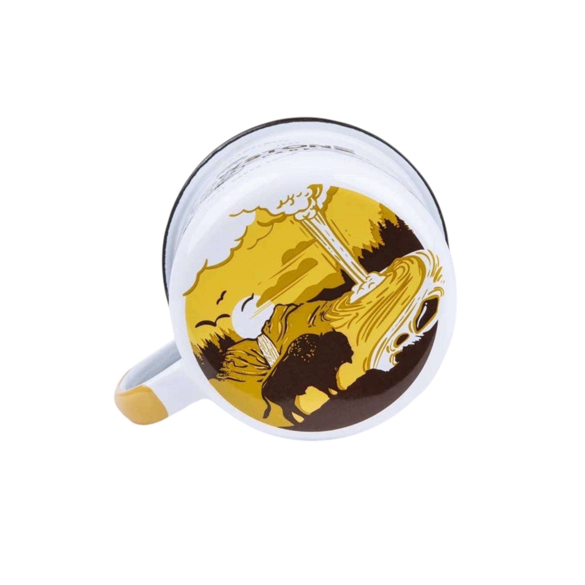 Forager Provisions LTD Emalco Enamelware 22 oz Yellowstone National Park camping mug with bison and geyser illustration