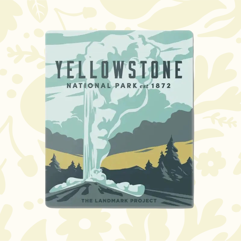 Forager Provisions LTD Yellowstone National Park magnet featuring a vintage-style volcanic geyser illustration.