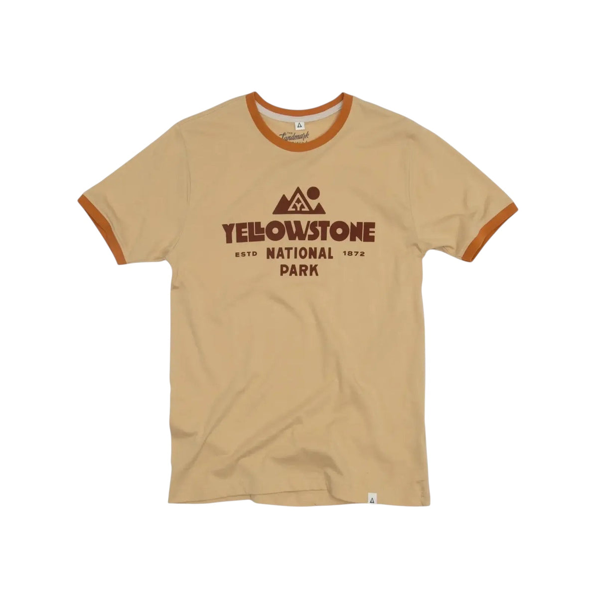 Forager Provisions LTD Yellowstone ringer t-shirt in tan with brown trim and vintage-style national park logo graphic.