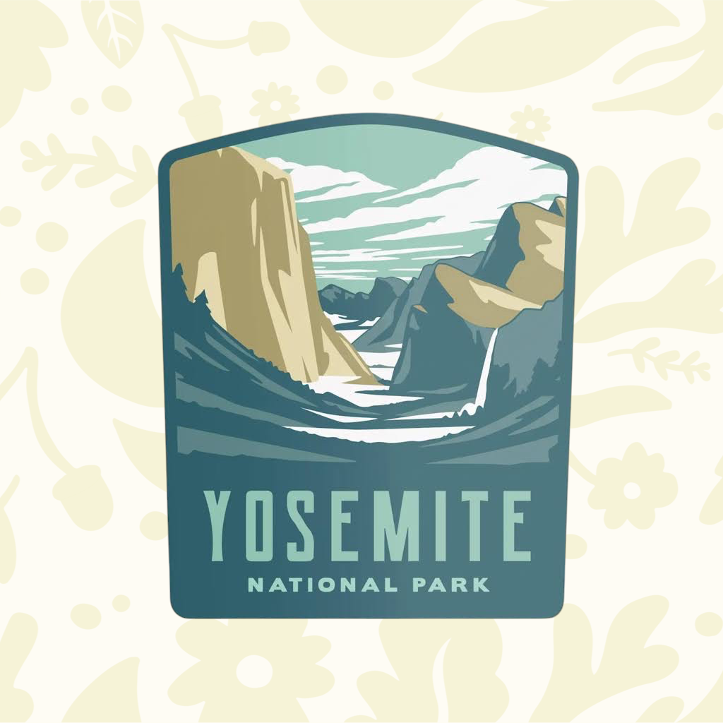 Forager Provisions LTD Yosemite National Park vinyl sticker featuring an illustrated landscape of granite cliffs