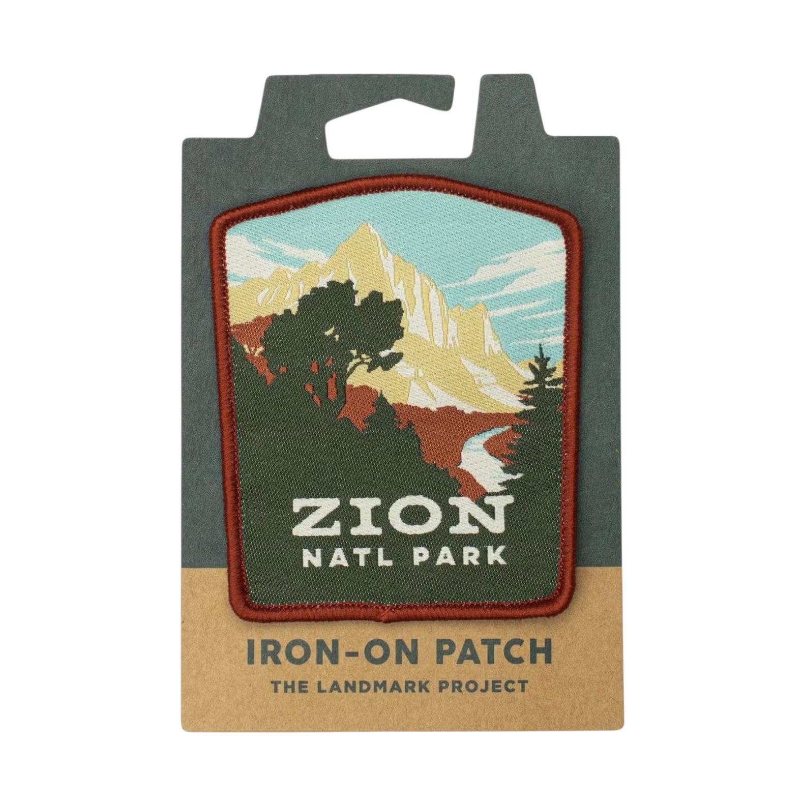Forager Provisions LTD Zion National Park iron-on patch featuring a scenic mountain landscape in sustainable packaging.