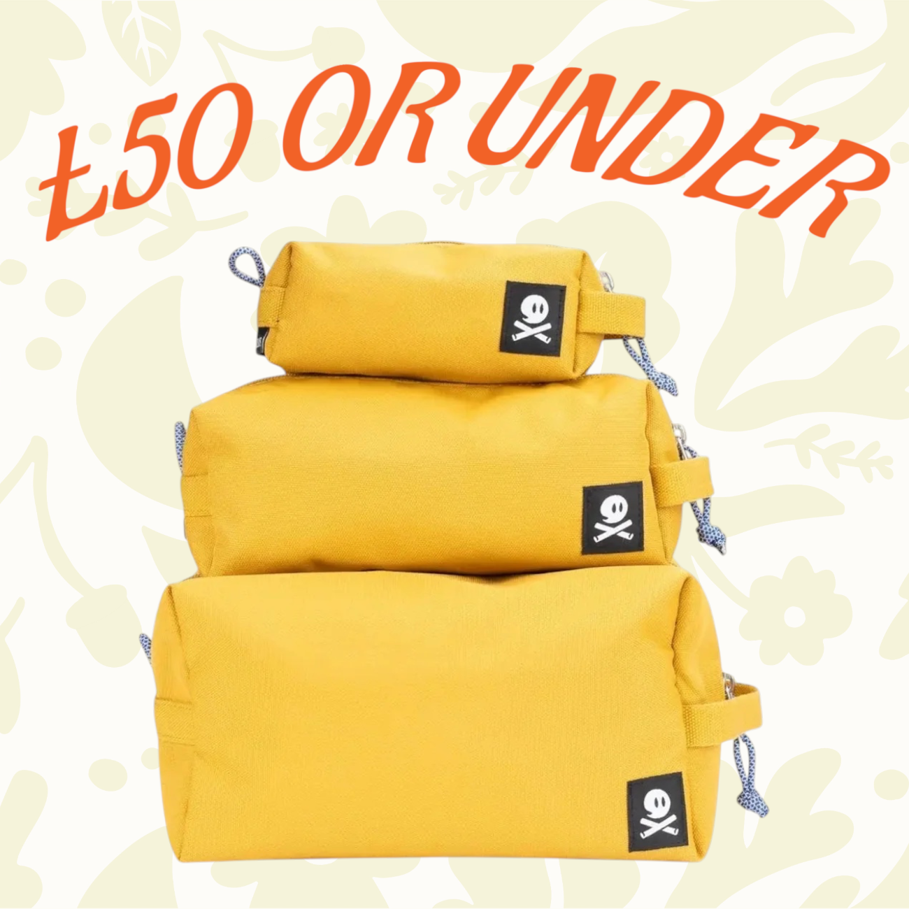 Yellow zippered skull pouches stacked on a patterned background, text above: £50 OR UNDER. Trendy affordable accessories.