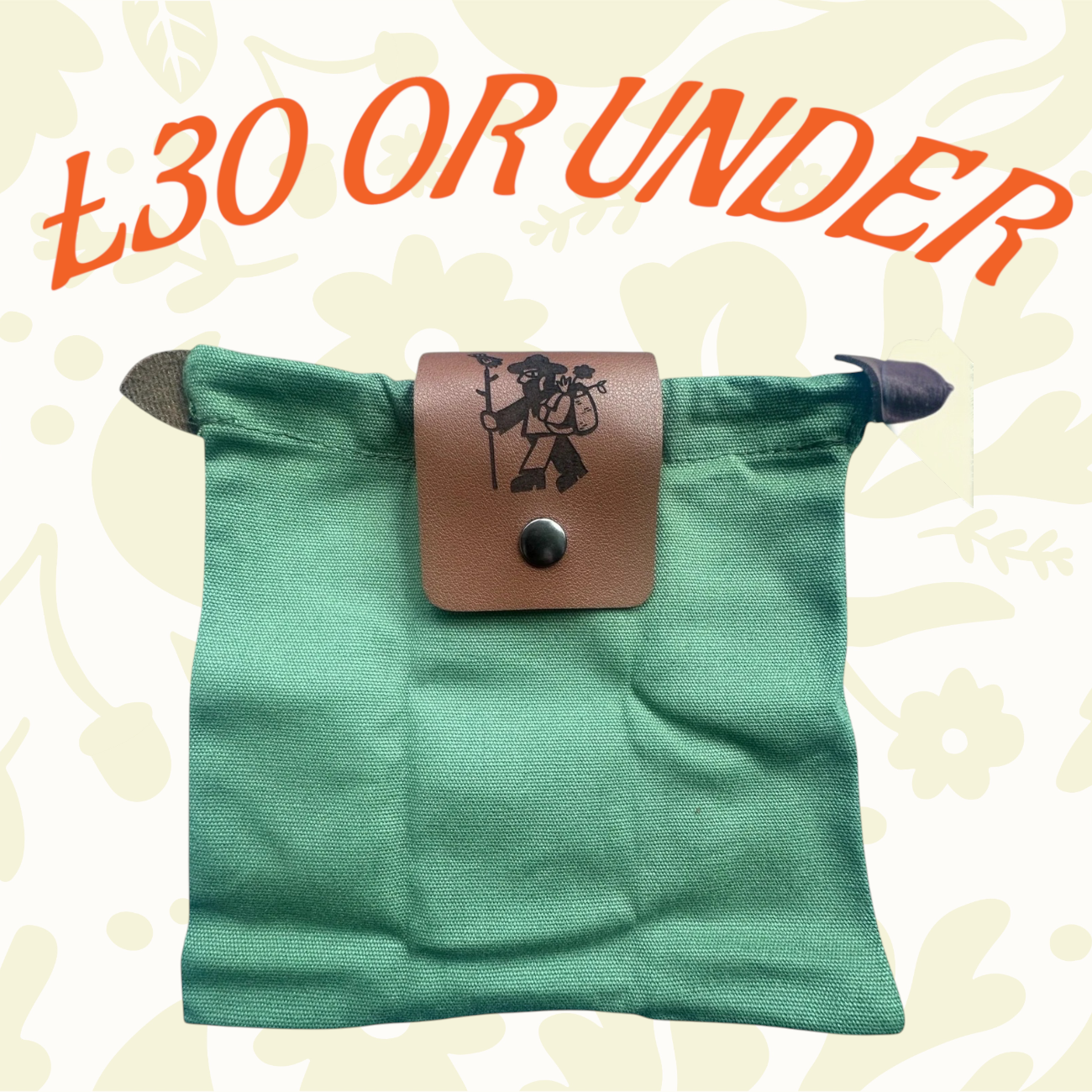 Eco-friendly green pouch with leather snap flap, budget £30 or under, orange text—affordable sustainable accessory.