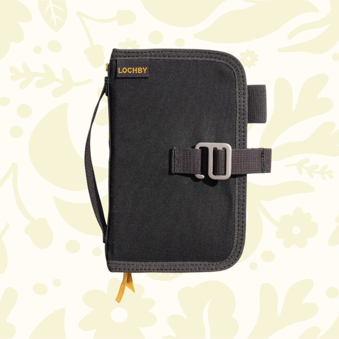 Lochby Mini Field Journal Bumblebee Charcoal: rugged waxed canvas cover, secure buckle, carry handle for pocket notebooks.