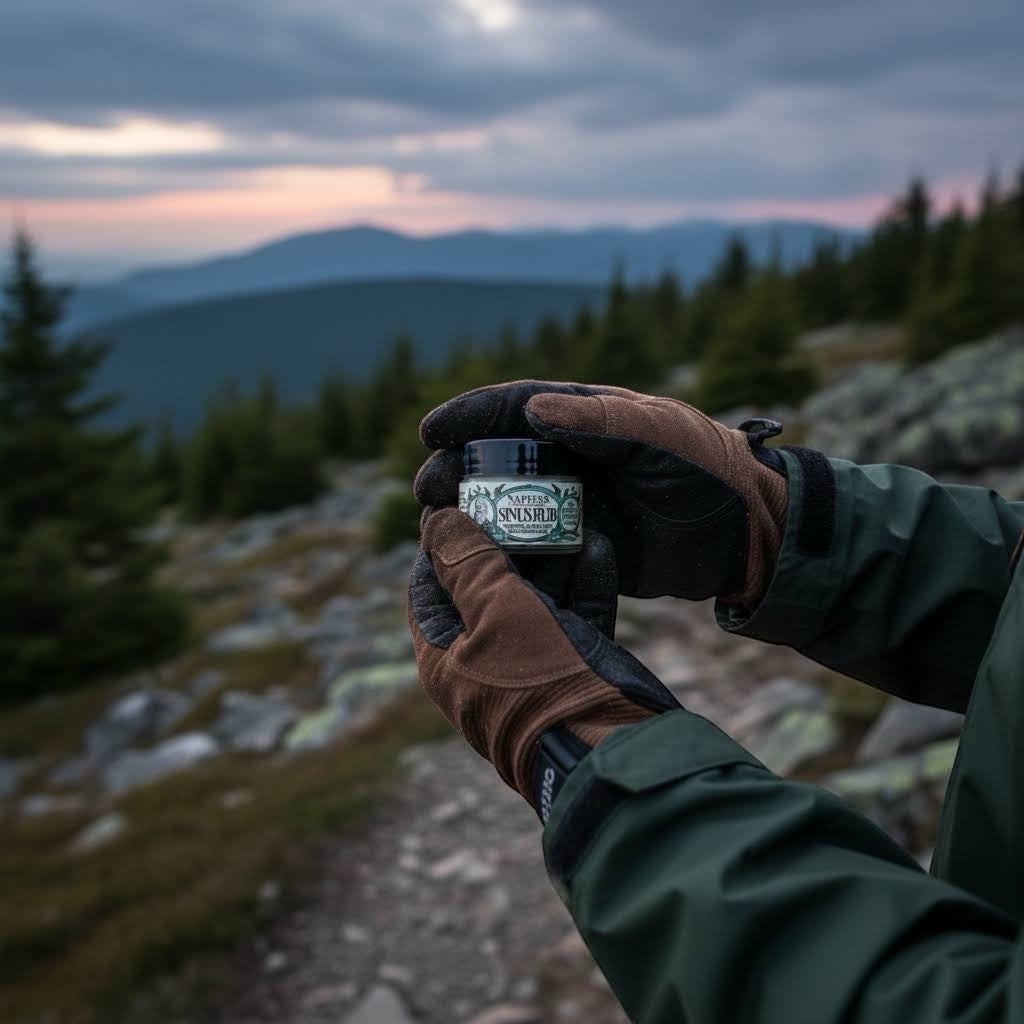 Hands in gloves hold Napiers Sinus Rub Cream for herbal congestion relief, with mountain and pine dusk background.