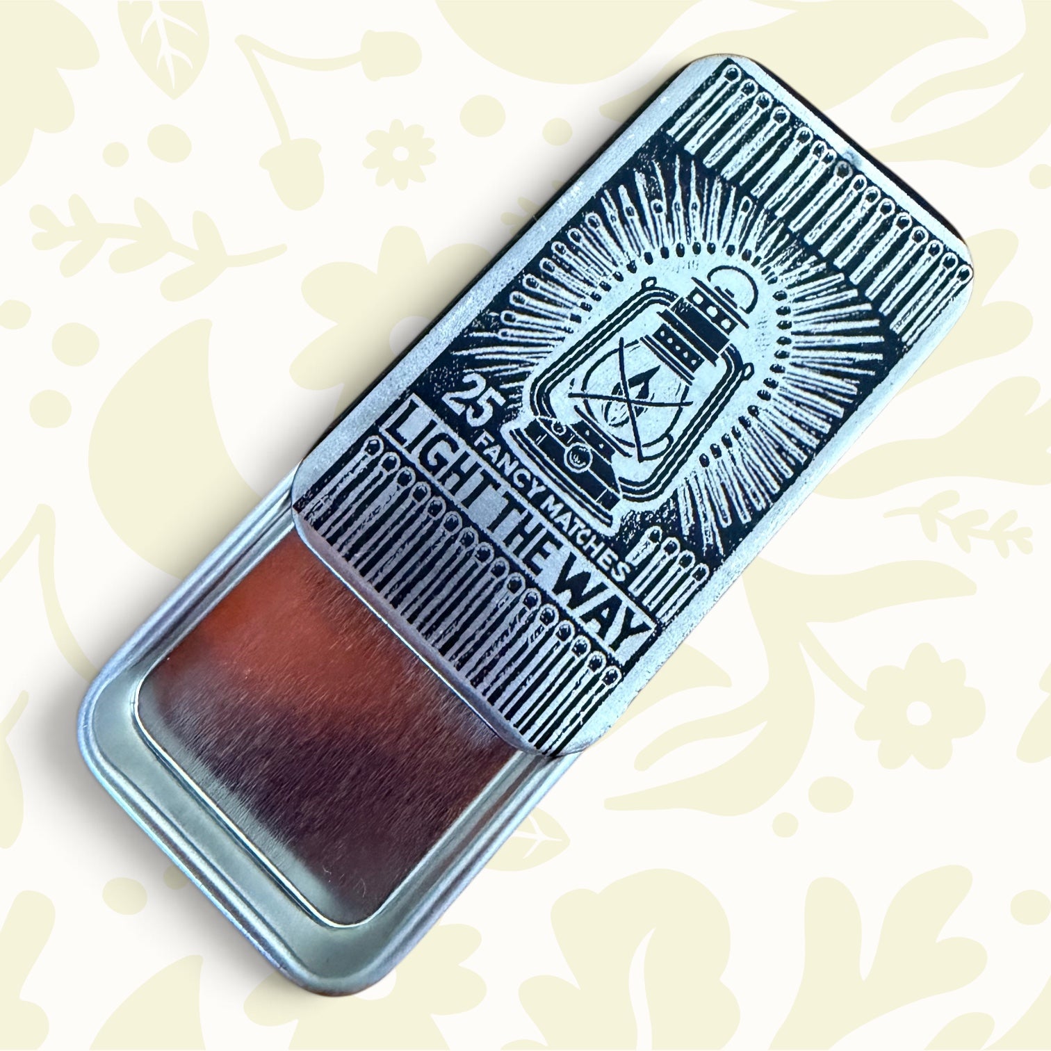 Tres Cuervos rectangular matchbox tin, Light The Way lantern art, sliding lid, 25 fancy matches collectible gift.