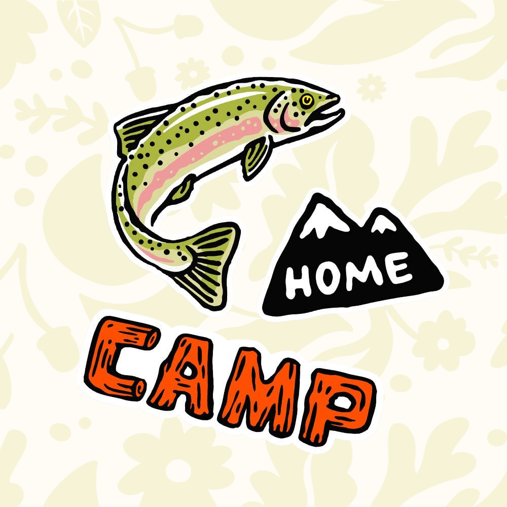 Forager Provisions LTD Camp 02 vinyl sticker pack featuring a jumping rainbow trout, mountain, and CAMP text design.