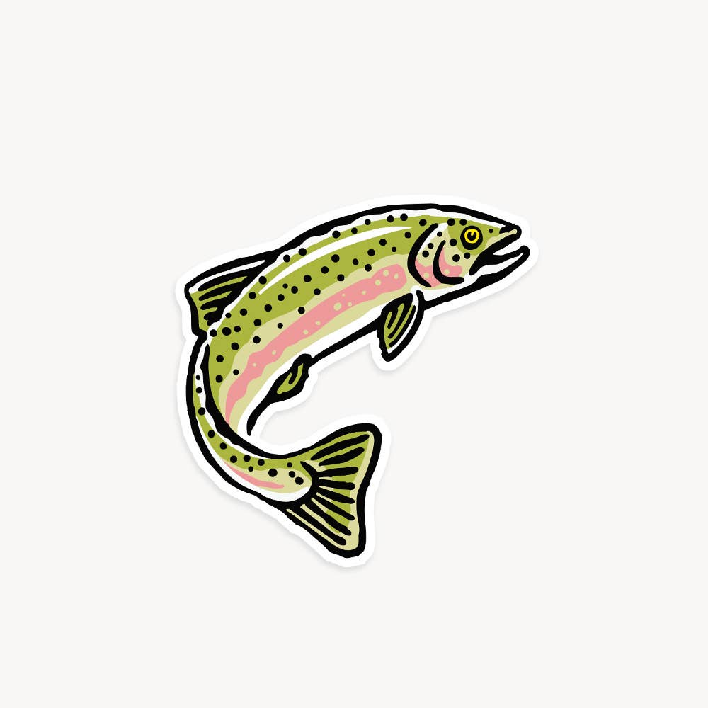 Forager Provisions LTD glossy vinyl sticker featuring a colourful jumping rainbow trout illustration